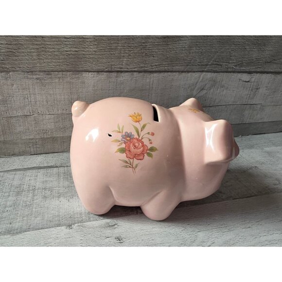 Vintage Lefton Pink Ceramic Piggy Bank With Floral Design - Picture 7 of 10